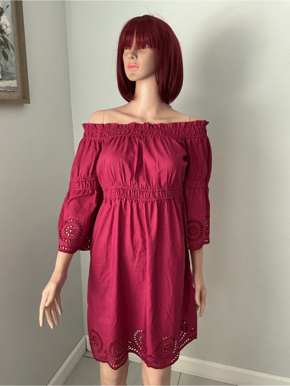 VENUS Off-Shoulder Eyelet Dress in Magenta